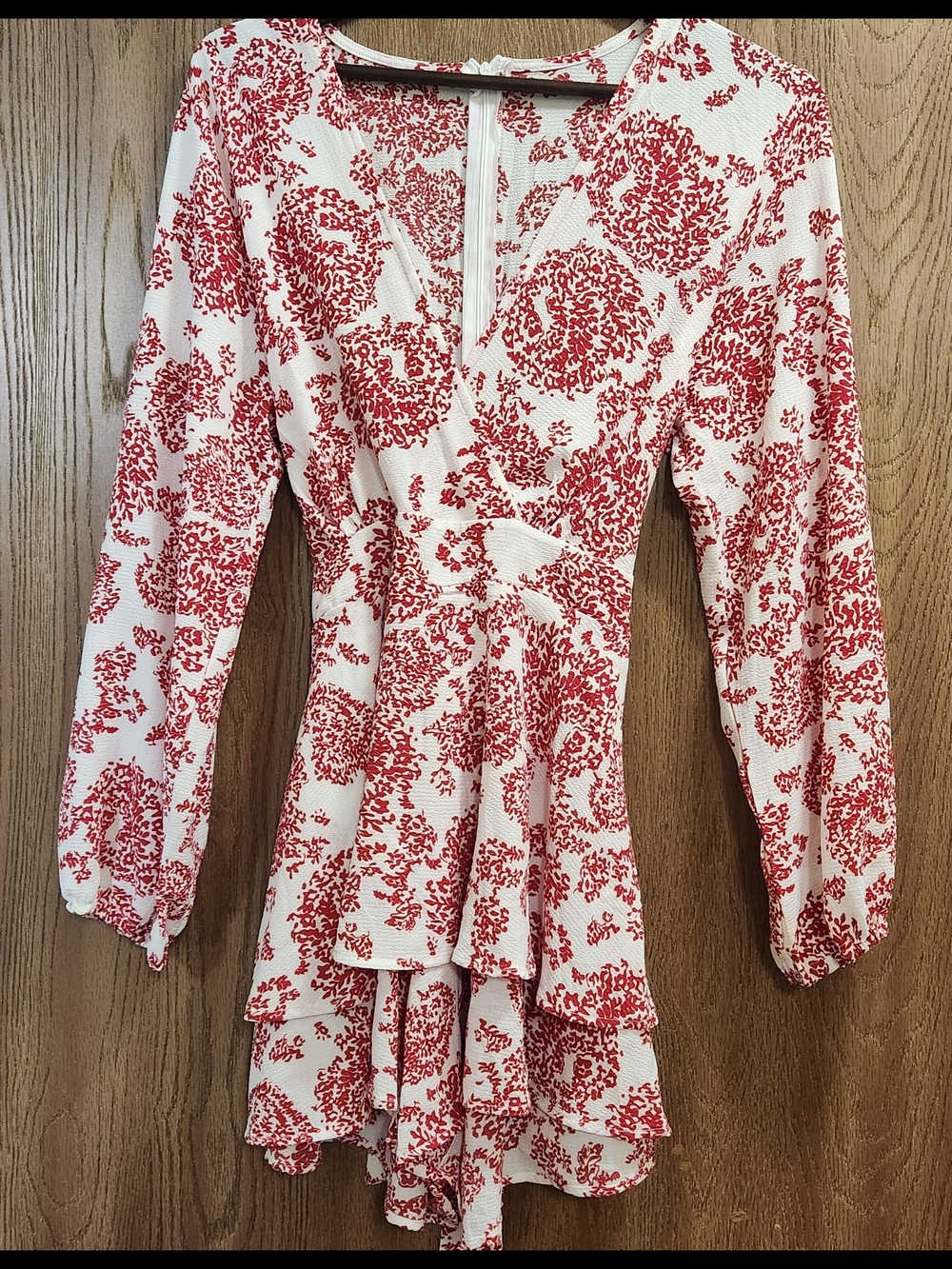 White and Red Floral Long-Sleeve Ruffle Romper